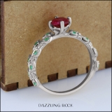 18K White Gold 5.5 MM Round Lab Created Ruby & Natural Emerald Ladies Bridal Engagement Leaf Ring