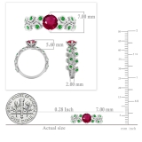 18K White Gold 5.5 MM Round Lab Created Ruby & Natural Emerald Ladies Bridal Engagement Leaf Ring