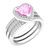 7 MM Heart Lab Grown Pink Sapphire & Round White Diamond Ladies Engagement Ring Double Band Set10K White Gold