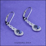 6X4mm Each Pear Lab Created Blue Sapphire & Round Natural White Diamond Swirl Halo Teardrop Lever Back Dangling Drop Earrings for Women in 10K White Gold