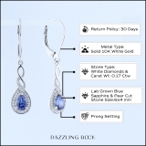 6X4mm Each Pear Lab Created Blue Sapphire & Round Natural White Diamond Swirl Halo Teardrop Lever Back Dangling Drop Earrings for Women in 10K White Gold