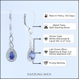 6X4mm Each Pear Lab Created Blue Sapphire & Round Natural White Diamond Swirl Halo Teardrop Lever Back Dangling Drop Earrings for Women in 925 Sterling Silver