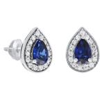 6X4 MM Pear Lab Created Blue Sapphire & Round White Sapphire Ladies Halo Teardrop Stud Earring Sterling Silver