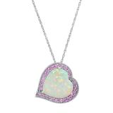 14 mm Heart Lab Created Opal & Round Lab Created Pink Sapphire Ladies Halo Pendant Sterling Silver