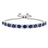 5 MM Each Lab Created Round Blue Sapphire & White Sapphire Ladies Bolo Bracelet Sterling Silver