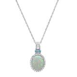 Lab Created 9x7mm Center Oval Opal & Round White Sapphire, Natural Blue Topaz Halo Style Pendant with 18 inch Silver Chain for Her in 925 Sterling Silver