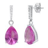 9X7 mm Pear Lab Created Pink Sapphire Ladies Earrings with Round Diamond Accents Sterling Silver