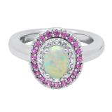 8X5.5 mm Created Opal Created Pink Sapphire & Natural Diamond Accent Ladies Ring Sterling Silver