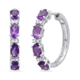 5X3 mm Oval Amethyst & Round Created Sapphire Ladies Huggies Hoop Earrings 925 Sterling Silver