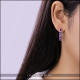 5X3 mm Oval Amethyst & Round Created Sapphire Ladies Huggies Hoop Earrings 925 Sterling Silver