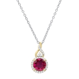 7 mm Round Lab Created Ruby & Natural White Diamond Pendant for Women with 18 inch Silver Chain in 14K Yellow Gold