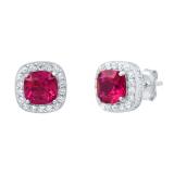6 MM Cushion Lab Created Ruby & Round White Sapphire Halo Stud Earrings for Her | Sterling Silver