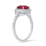 7 mm Cushion Lab Created Ruby & Round White Sapphire Ladies Halo Engagement Ring | Sterling Silver