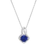 7 mm Cushion Lab Created Blue Sapphire Ladies Pendant with Natural Diamond Accents, Sterling Silver