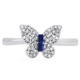 Emerald Created Blue Sapphire & Round Diamond Ladies Butterfly Cocktail Ring | 925 Sterling Silver