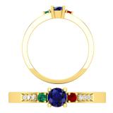 Lab Created Multi Gem Stone With Natural White Diamond Three Stone Engagement Ring 10K Yellow Gold