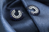 Oval Lab Created Blue Sapphire & Marquise, Round White Diamond Spiral Circle Stud Earrings for Women in 925 Sterling Silver in Push Back