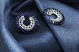 Oval Lab Created Blue Sapphire & Marquise, Round White Diamond Spiral Circle Stud Earrings for Women in 925 Sterling Silver in Screw Back