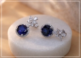8mm Round Lab Created Blue Sapphire & Pear, Marquise, Round White Diamond Halo Stud Earrings for Her in 10K White Gold in Screw Back