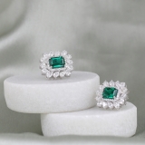Emerald Cut Lab Created Emerald, Pear & Round White Diamond Halo Stud Earrings for Women in 10K White Gold in Push Back