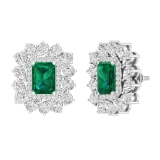 Emerald Cut Lab Created Emerald, Pear & Round White Diamond Halo Stud Earrings for Women in 925 Sterling Silver in Screw Back