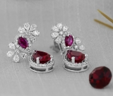 Pear Lab Created Ruby, Pear & Round White Diamond Teardrop Dangling Earrings for Women in 925 Sterling Silver in Push Back