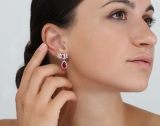 Pear Lab Created Ruby, Pear & Round White Diamond Teardrop Dangling Earrings for Women in 925 Sterling Silver in Screw Back