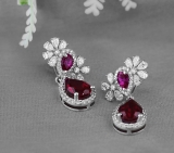 Pear Lab Created Ruby, Pear & Round White Diamond Teardrop Dangling Earrings for Women in 925 Sterling Silver in Screw Back