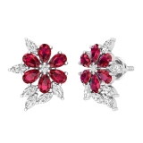 Pear Lab Created Ruby, Marquise & Round White Diamond Floral Stud Earrings for Women in 14K Solid White Gold in Screw Back