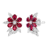 Pear Lab Created Ruby, Marquise & Round White Diamond Floral Stud Earrings for Women in 925 Sterling Silver in Push Back