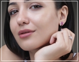 Pear Lab Created Ruby, Marquise & Round White Diamond Floral Stud Earrings for Women in 925 Sterling Silver in Screw Back