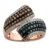 1.04 Carat (ctw) Sterling Silver Round Champagne Blue & White Diamond Ladies Micropave Bypass Cocktail Right Hand Band 1 CT