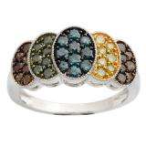 1.00 Carat (ctw) Sterling Silver Round Champagne Green Blue & Yellow Diamond Ladies Cocktail Right Hand Fashion Band 1 CT
