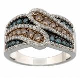 1.35 Carat (ctw) Sterling Silver Round Champagne Blue & White Diamond Ladies Cocktail Bypass Right Hand Fashion Band