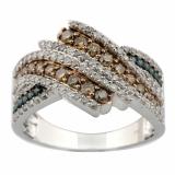 1.19 Carat (ctw) Sterling Silver Round Champagne Blue & White Diamond Ladies Cocktail Bypass Right Hand Fashion Band