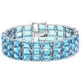 60.00 Carat (ctw) Sterling Silver Real Emerald Cut Genuine Blue Topaz Ladies Tennis Bracelet (7 Inch Length x 17 MM Wide)