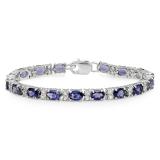 22.14 Carat (ctw) Sterling Silver Oval Shape Iolite & Round Cut White Topaz Ladies Tennis Bracelet (7 Inch Length)