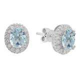 Sterling Silver Oval Cut Aquamarine & Round White Sapphire Ladies Halo Style Fashion Stud Earrings