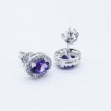 Sterling Silver Oval Cut Amethyst & Round White Sapphire Ladies Halo Style Fashion Stud Earrings