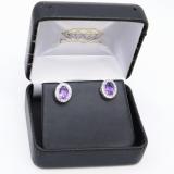 Sterling Silver Oval Cut Amethyst & Round White Sapphire Ladies Halo Style Fashion Stud Earrings