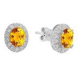 Sterling Silver Oval Cut Citrine & Round White Sapphire Ladies Halo Style Fashion Stud Earrings