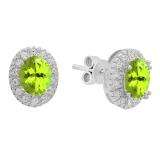 Sterling Silver Oval Cut Peridot & Round White Sapphire Ladies Halo Style Fashion Stud Earrings