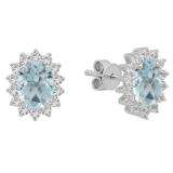 Sterling Silver Oval Cut Aquamarine & Round White Sapphire Ladies Halo Style Fashion Stud Earrings
