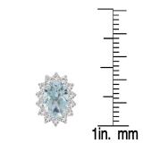 Sterling Silver Oval Cut Aquamarine & Round White Sapphire Ladies Halo Style Fashion Stud Earrings