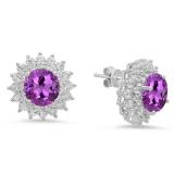 Sterling Silver Round Cut Amethyst & White Sapphire Ladies Halo Style Fashion Stud Earrings