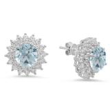 Sterling Silver Round Cut Aquamarine & White Sapphire Ladies Halo Style Fashion Stud Earrings