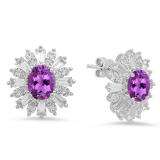 Sterling Silver Oval Cut Amethyst Round white sapphire & Taper Cut white topaz Ladies Snowflake Style Fashion Stud Earrings