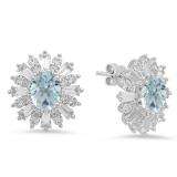 Sterling Silver Oval Cut Aquamarine Round white sapphire & Taper Cut white topaz Ladies Snowflake Style Fashion Stud Earrings