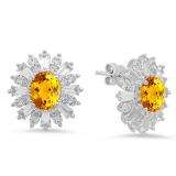 Sterling Silver Oval Cut Citrine Round white sapphire & Taper Cut white topaz Ladies Snowflake Style Fashion Stud Earrings