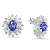 Sterling Silver Oval Cut Tanzanite Round white sapphire & Taper Cut white topaz Ladies Snowflake Style Fashion Stud Earrings